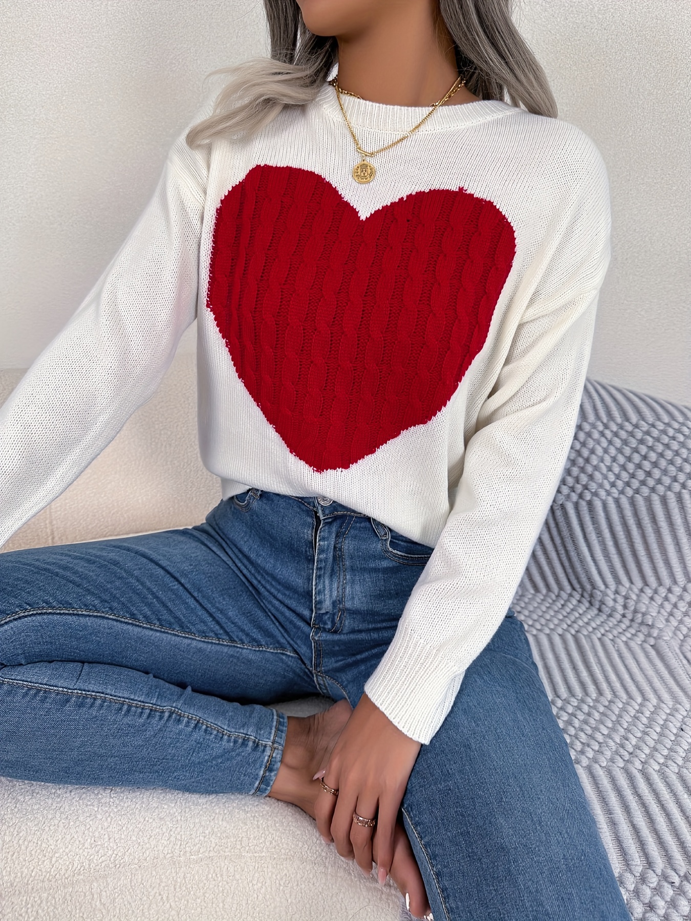 twist heart knitted pullover sweater casual long sleeve sweater for fall winter womens clothing details 7