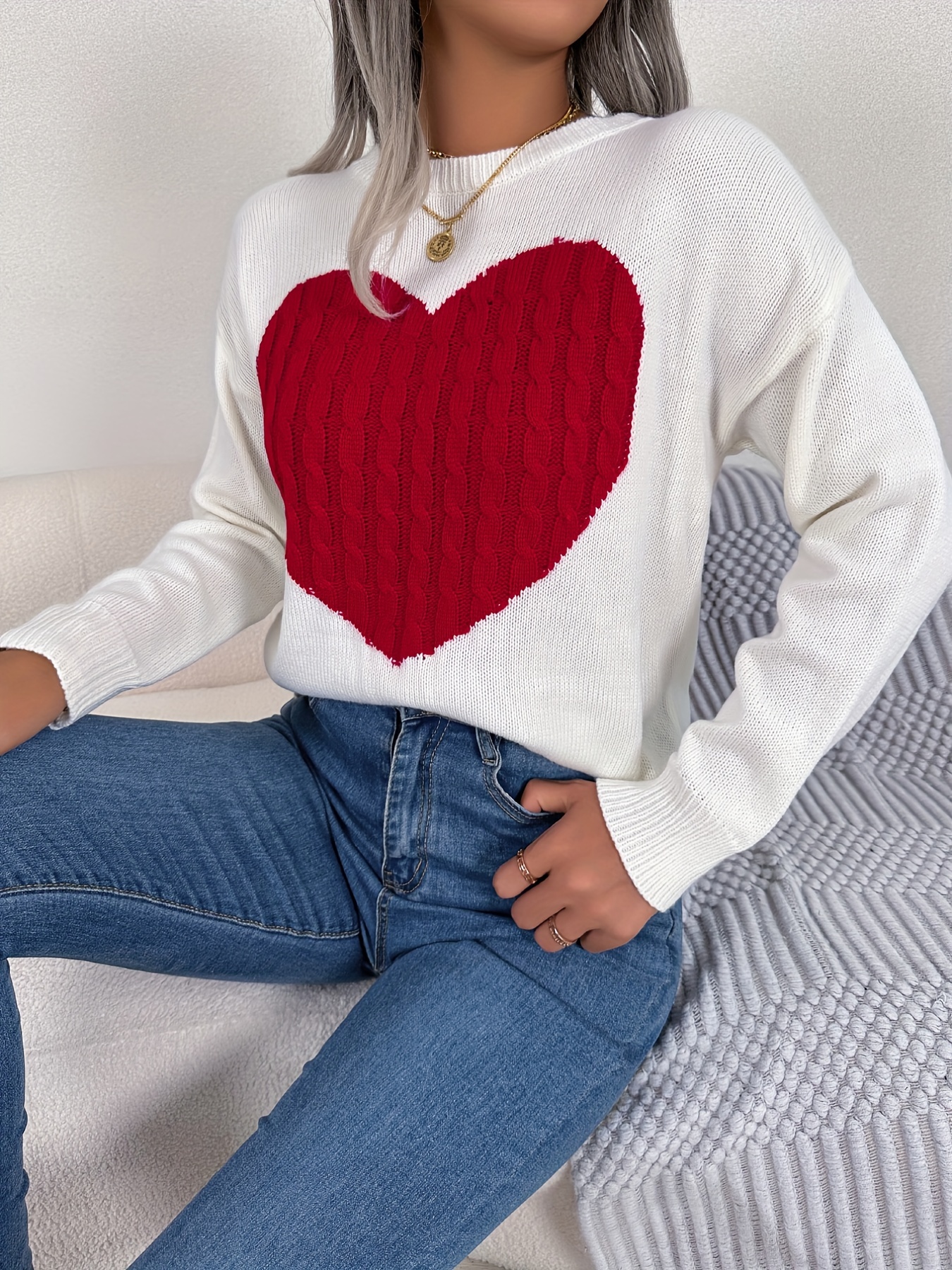 twist heart knitted pullover sweater casual long sleeve sweater for fall winter womens clothing details 8