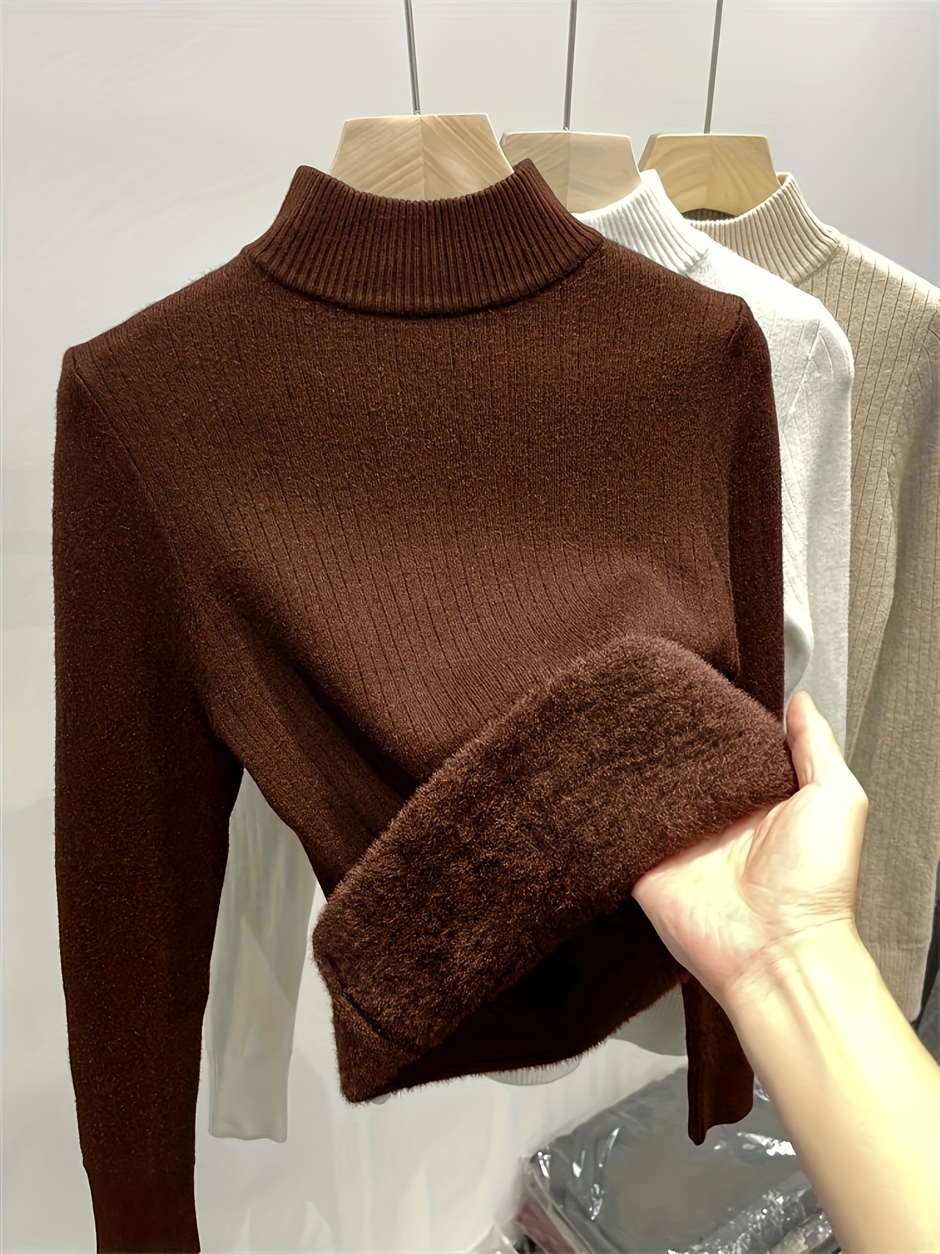 solid color knit pullover casual mock neck long sleeve top for fall winter womens clothing details 5