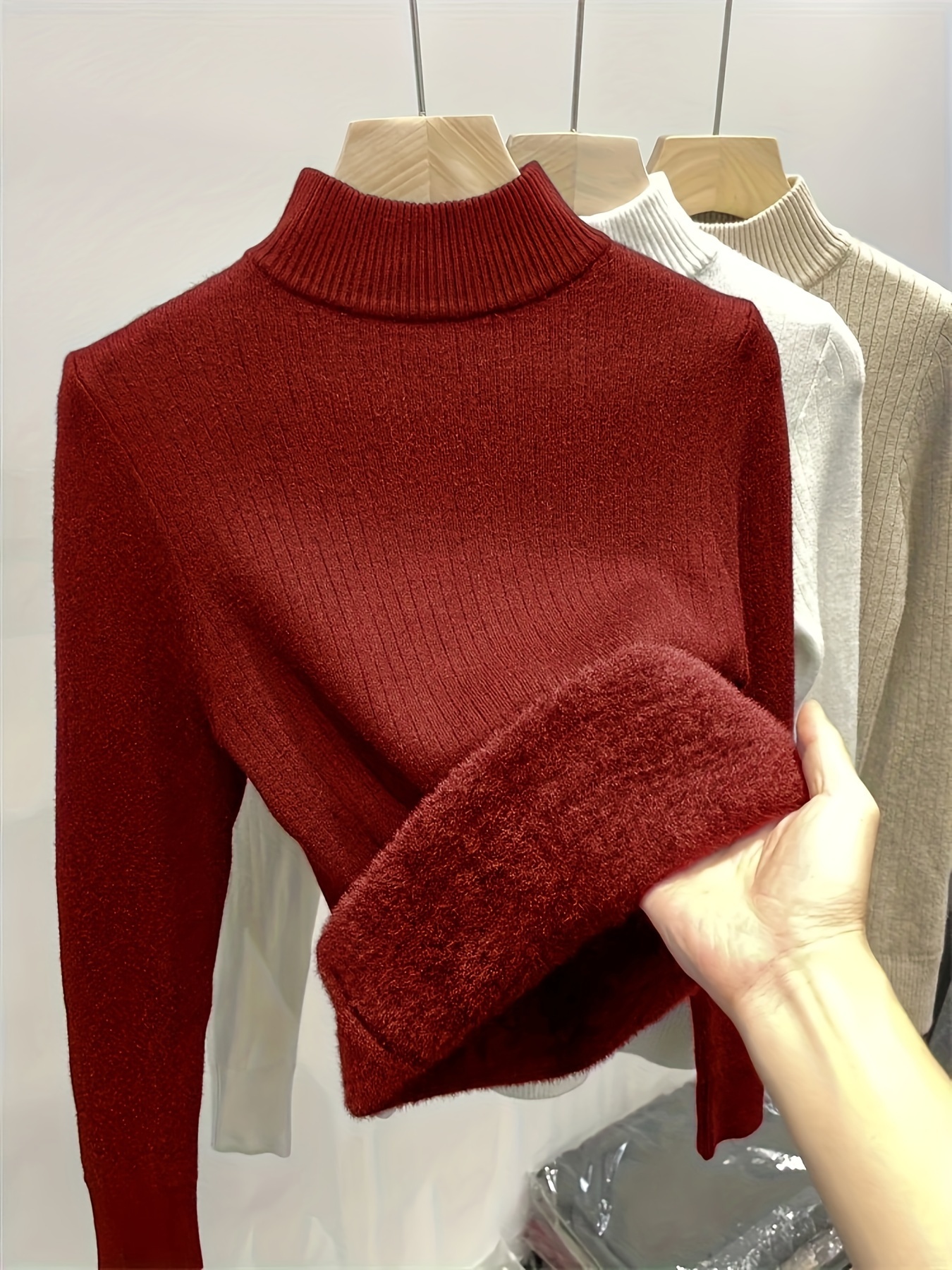 solid color knit pullover casual mock neck long sleeve top for fall winter womens clothing details 8