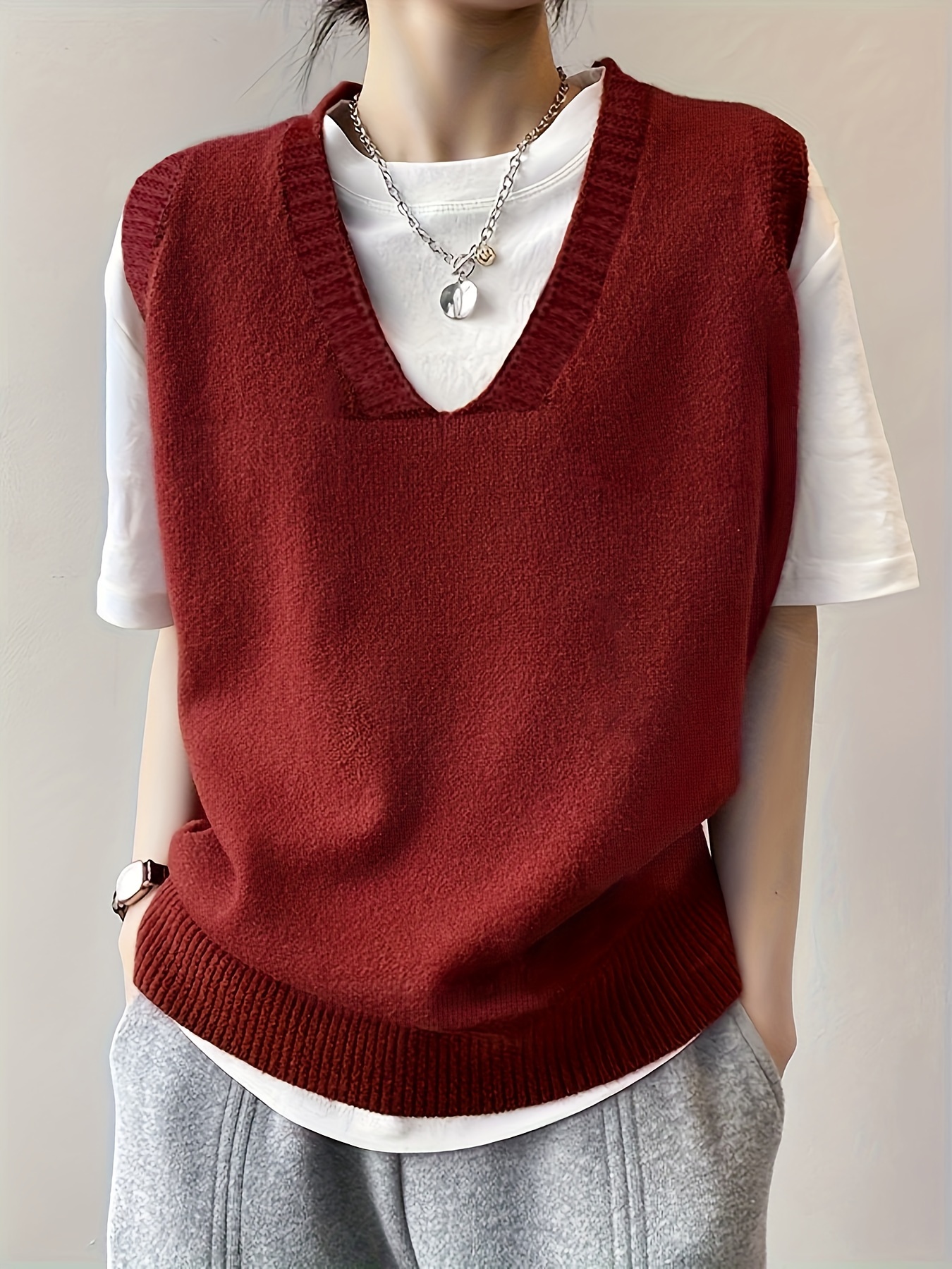 solid v neck sweater vest elegant sleeveless vest for spring fall womens clothing details 1