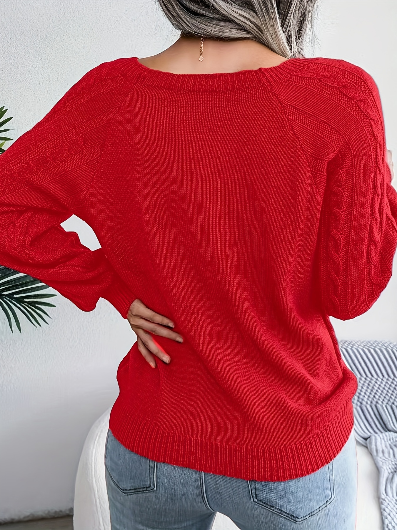 solid cable knit sweater casual crew neck long sleeve sweater womens clothing details 4