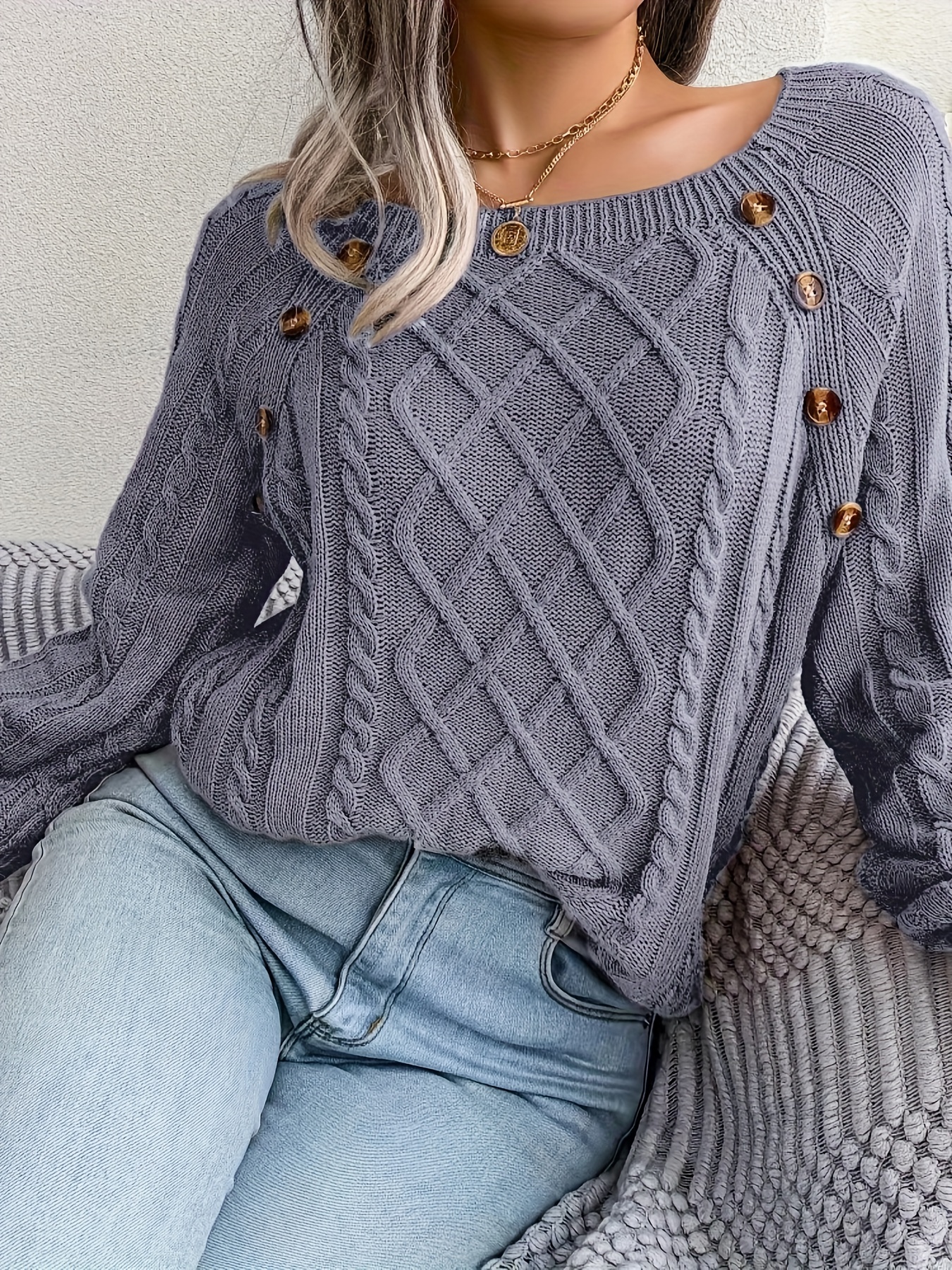 solid cable knit sweater casual crew neck long sleeve sweater womens clothing details 18