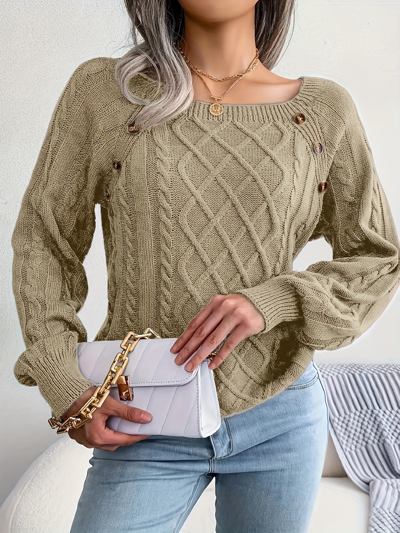 solid cable knit sweater casual crew neck long sleeve sweater womens clothing details 24