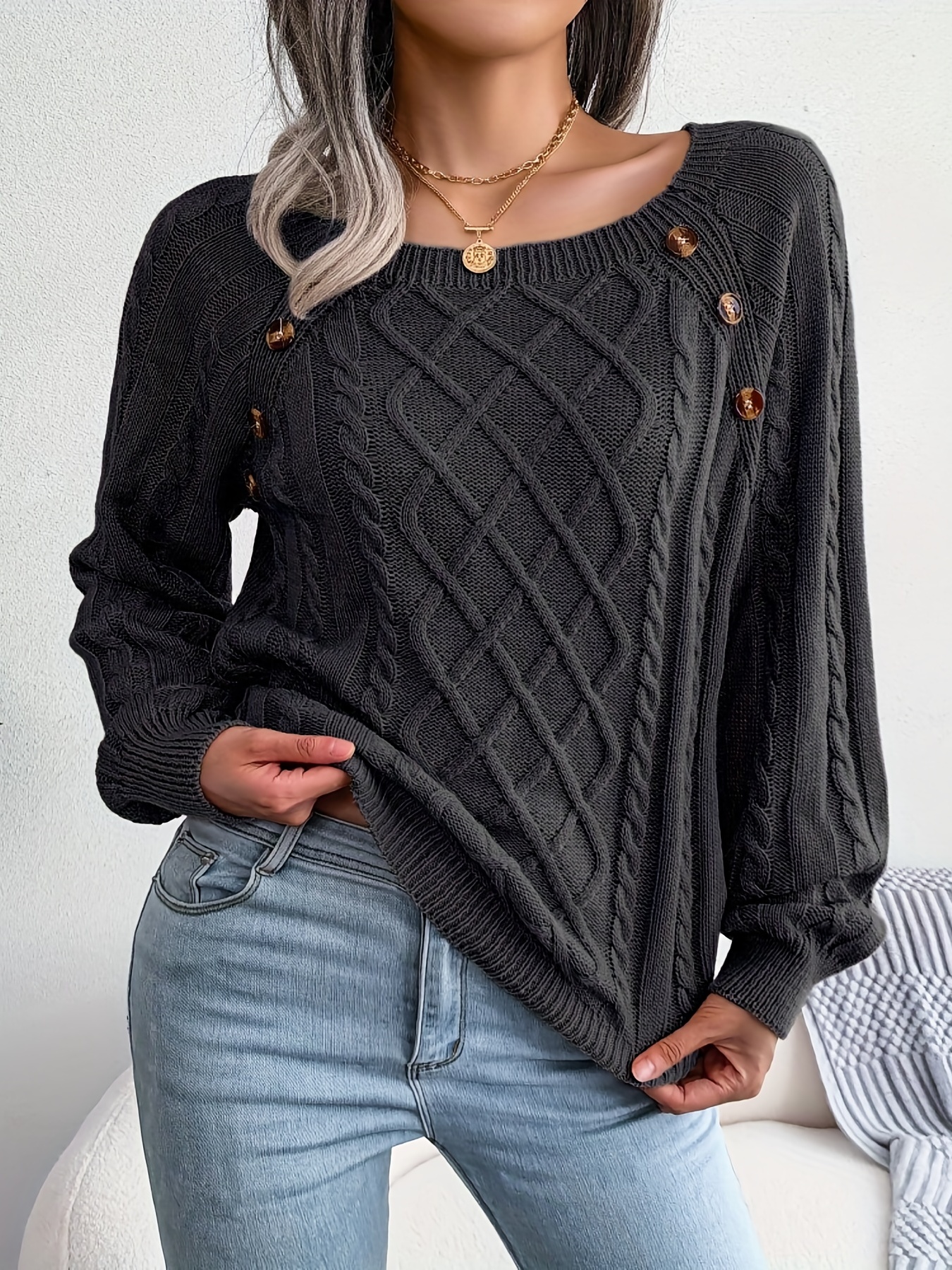 solid cable knit sweater casual crew neck long sleeve sweater womens clothing details 32