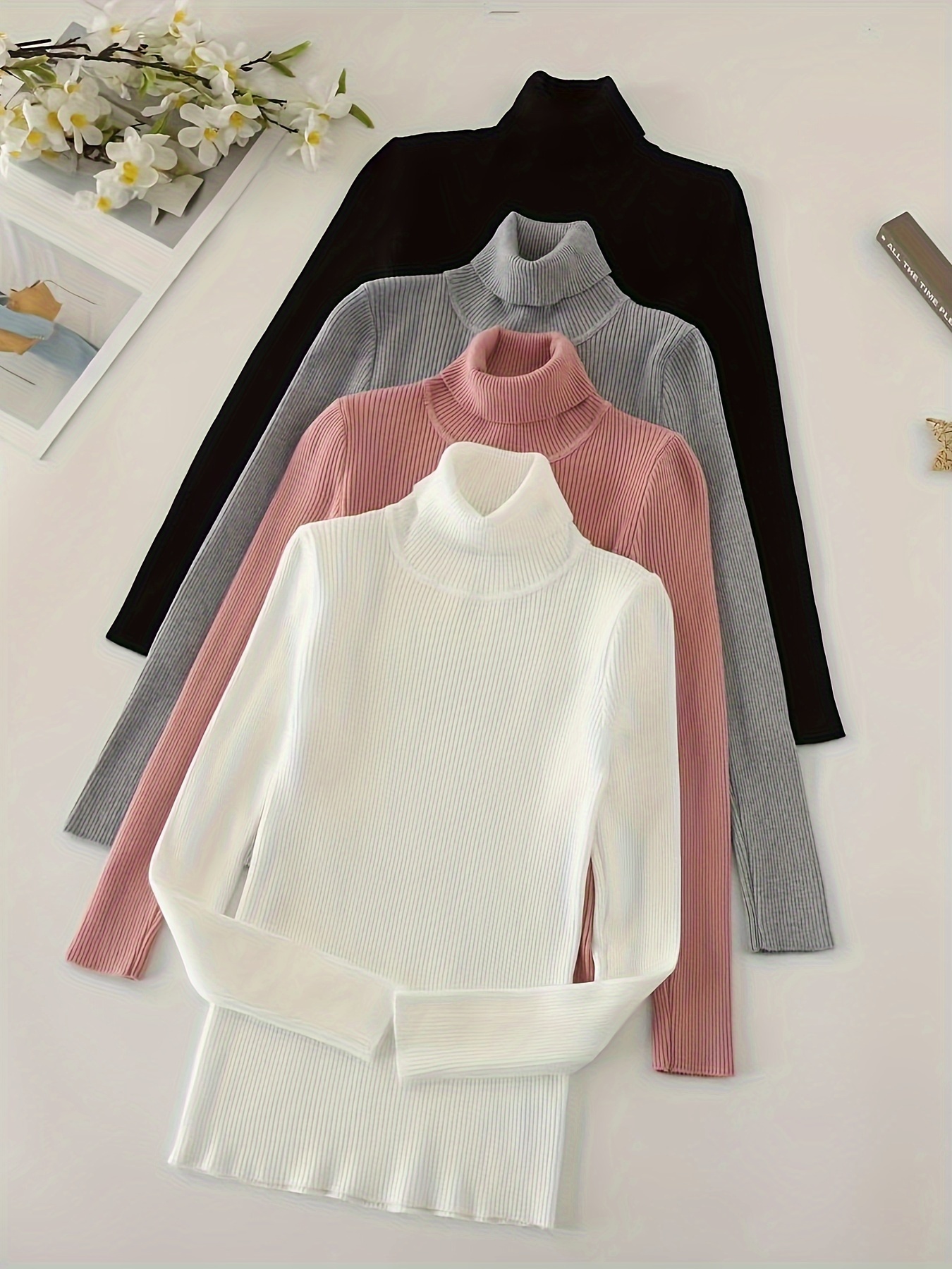 solid turtle neck rib knit top 4 pack casual long sleeve slim versatile sweater womens clothing details 1