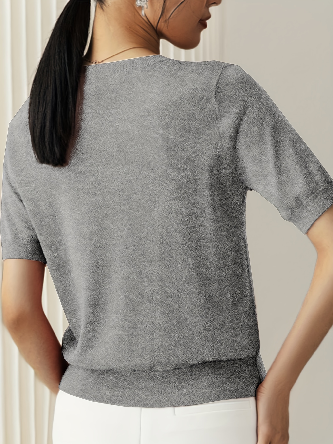 solid crew neck sweater casual short sleeve sweater for spring summer womens clothing details 15