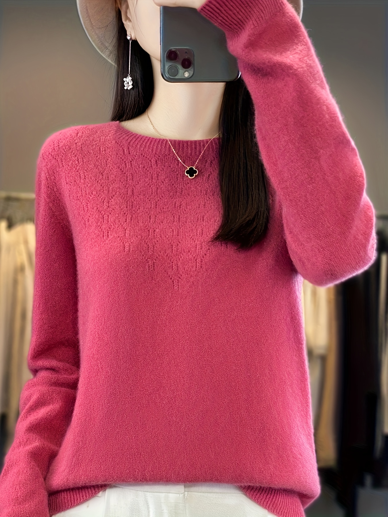 solid crew neck wool sweater casual long sleeve cozy basic sweater womens clothing details 1