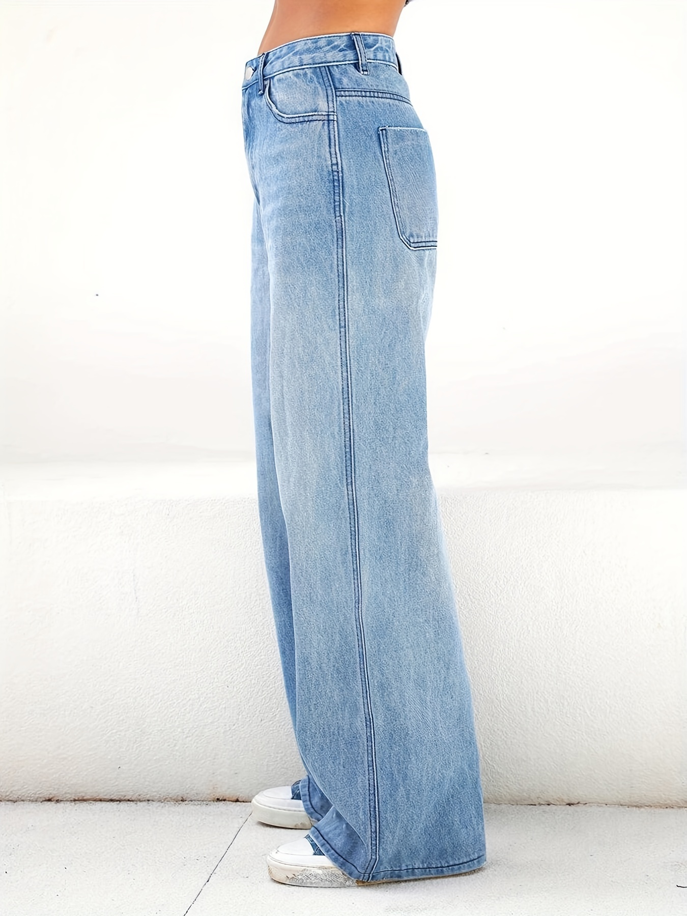 blue loose fit wide leg jeans high waist slash pockets high rise straight jeans womens denim jeans clothing details 0