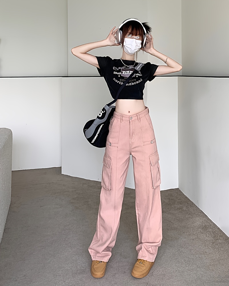 pink flap pockets cargo pants, plain flap pockets cargo pants non stretch loose fit high waist y2k kpop style straight jeans womens denim jeans clothing details 2