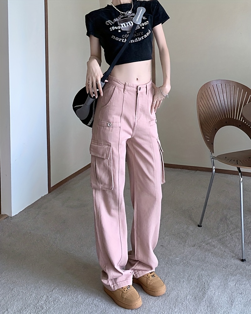 pink flap pockets cargo pants, plain flap pockets cargo pants non stretch loose fit high waist y2k kpop style straight jeans womens denim jeans clothing details 3