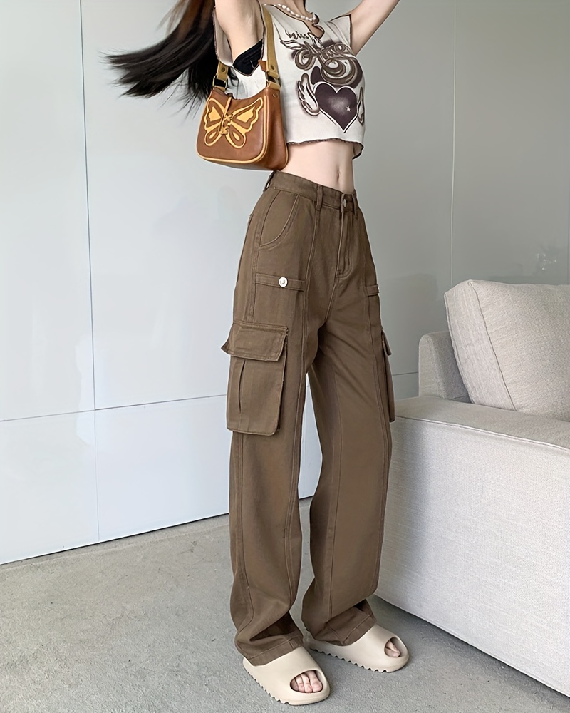 pink flap pockets cargo pants, plain flap pockets cargo pants non stretch loose fit high waist y2k kpop style straight jeans womens denim jeans clothing details 8