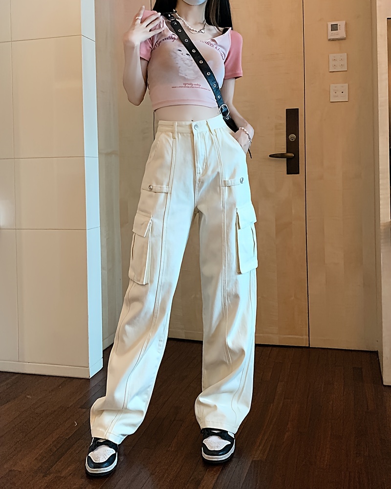 pink flap pockets cargo pants, plain flap pockets cargo pants non stretch loose fit high waist y2k kpop style straight jeans womens denim jeans clothing details 9