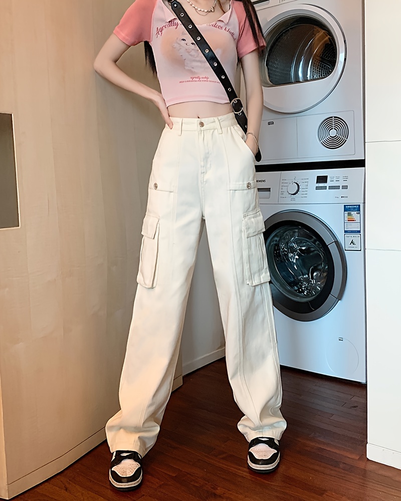 pink flap pockets cargo pants, plain flap pockets cargo pants non stretch loose fit high waist y2k kpop style straight jeans womens denim jeans clothing details 10