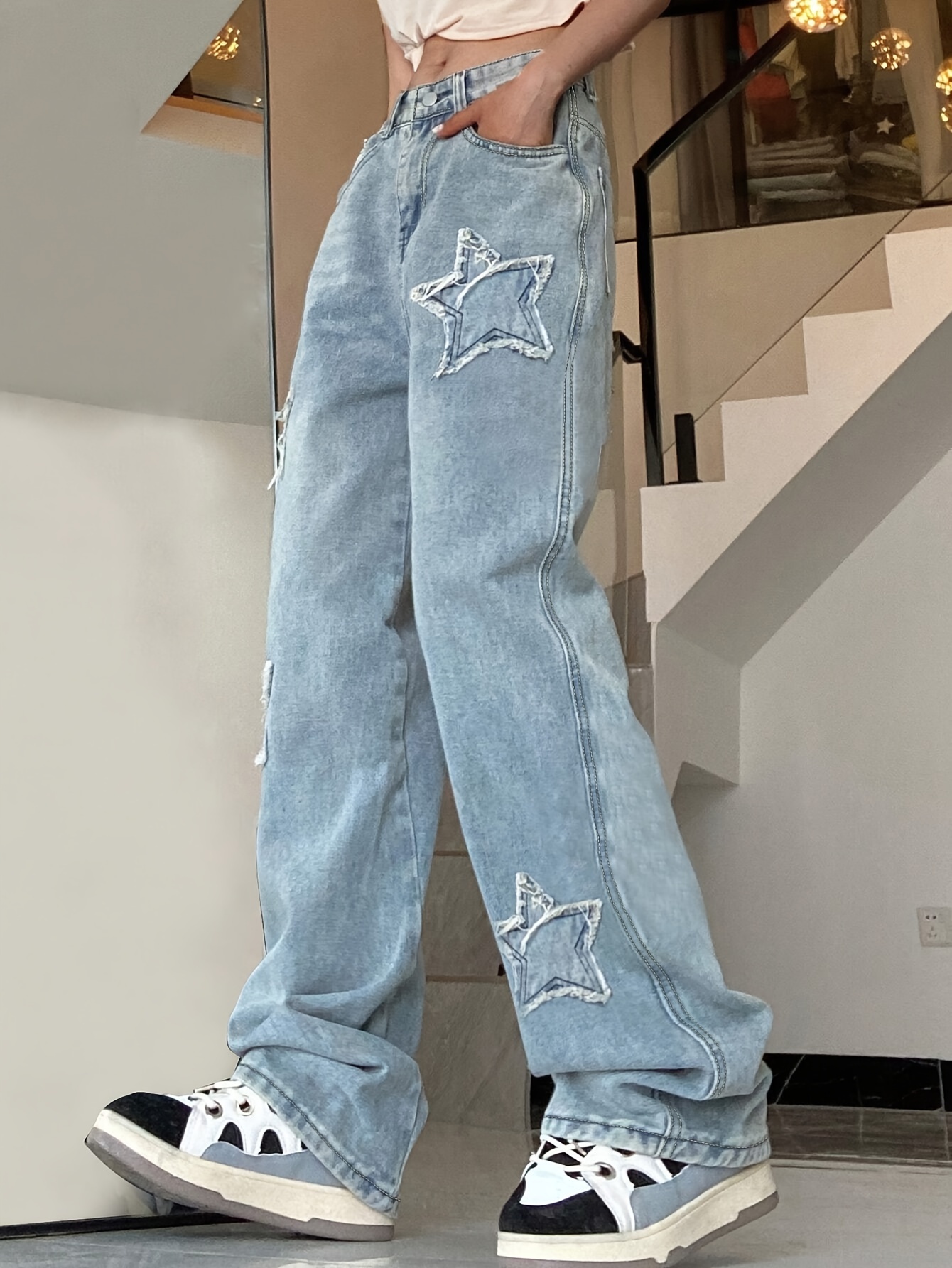 blue star shape patchwork straight jeans loose fit slant pockets non stretch denim pants womens denim jeans clothing details 0