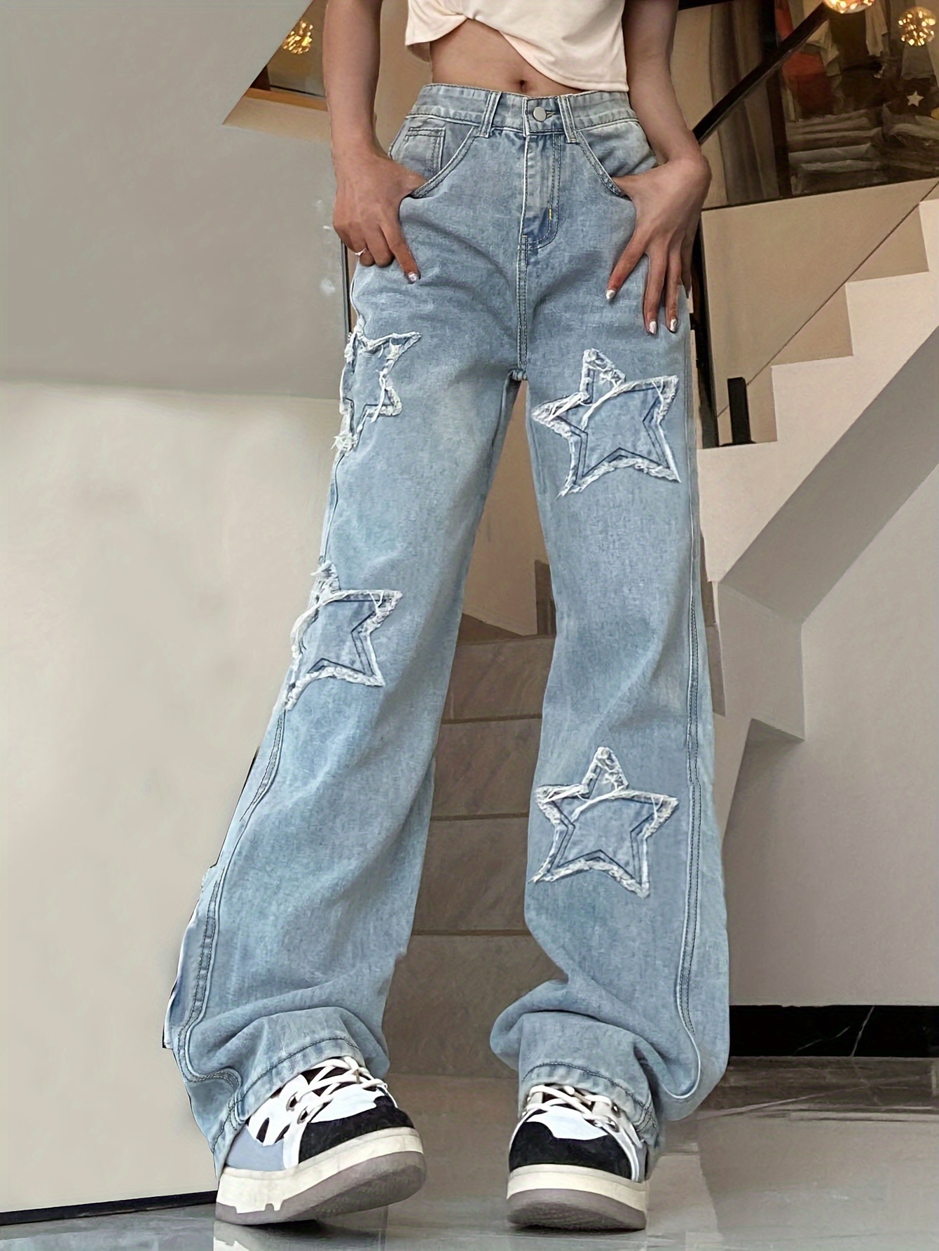 blue star shape patchwork straight jeans loose fit slant pockets non stretch denim pants womens denim jeans clothing details 3