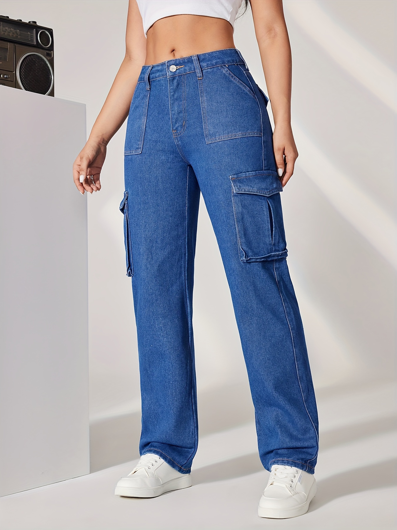 blue flap pockets cargo pants loose fit high waist y2k kpop style straight jeans womens denim jeans clothing details 2