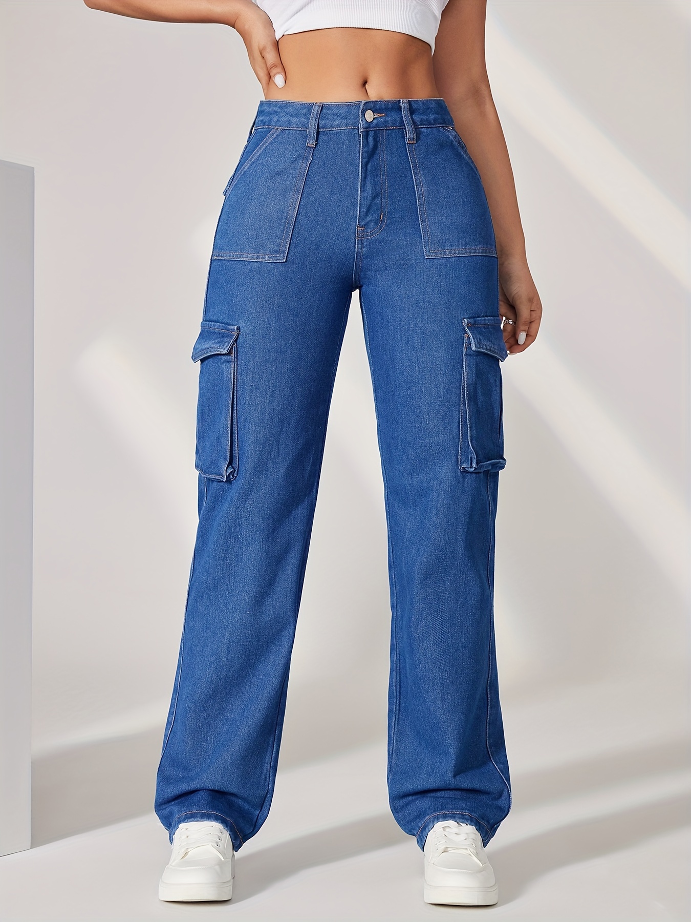 blue flap pockets cargo pants loose fit high waist y2k kpop style straight jeans womens denim jeans clothing details 3