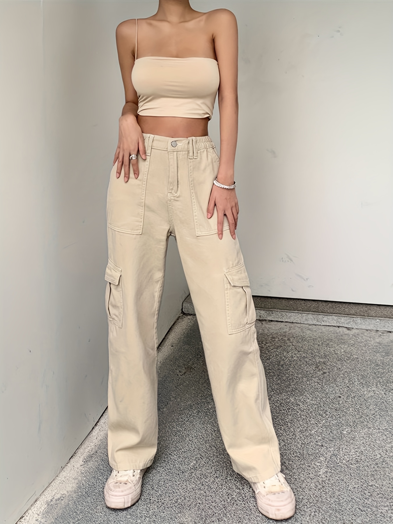 loose fit high waist cargo pants wide legs high rise flap pockets non stretch straight legs denim pants y2k kpop vintage style womens denim jeans clothing details 10