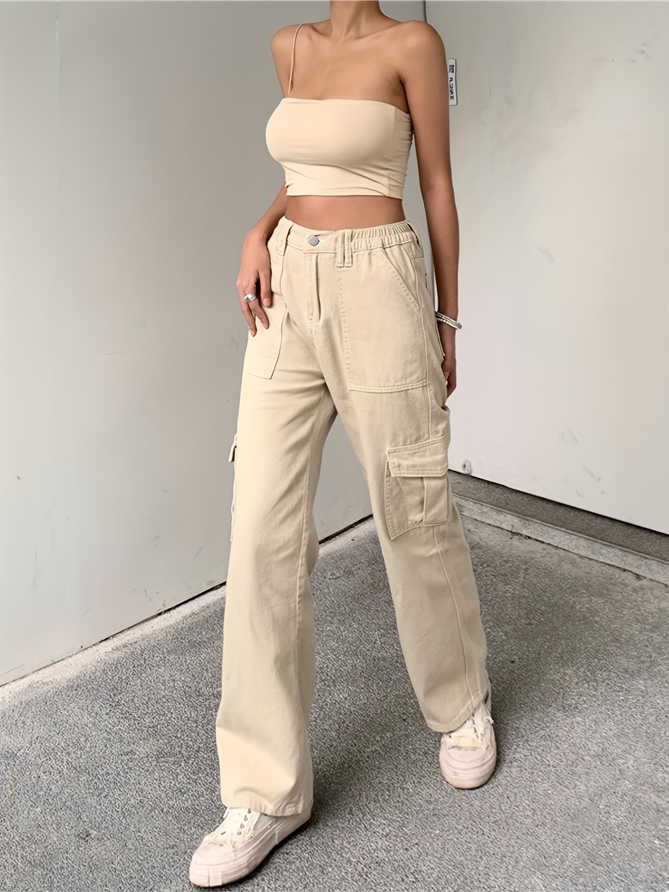 loose fit high waist cargo pants wide legs high rise flap pockets non stretch straight legs denim pants y2k kpop vintage style womens denim jeans clothing details 12