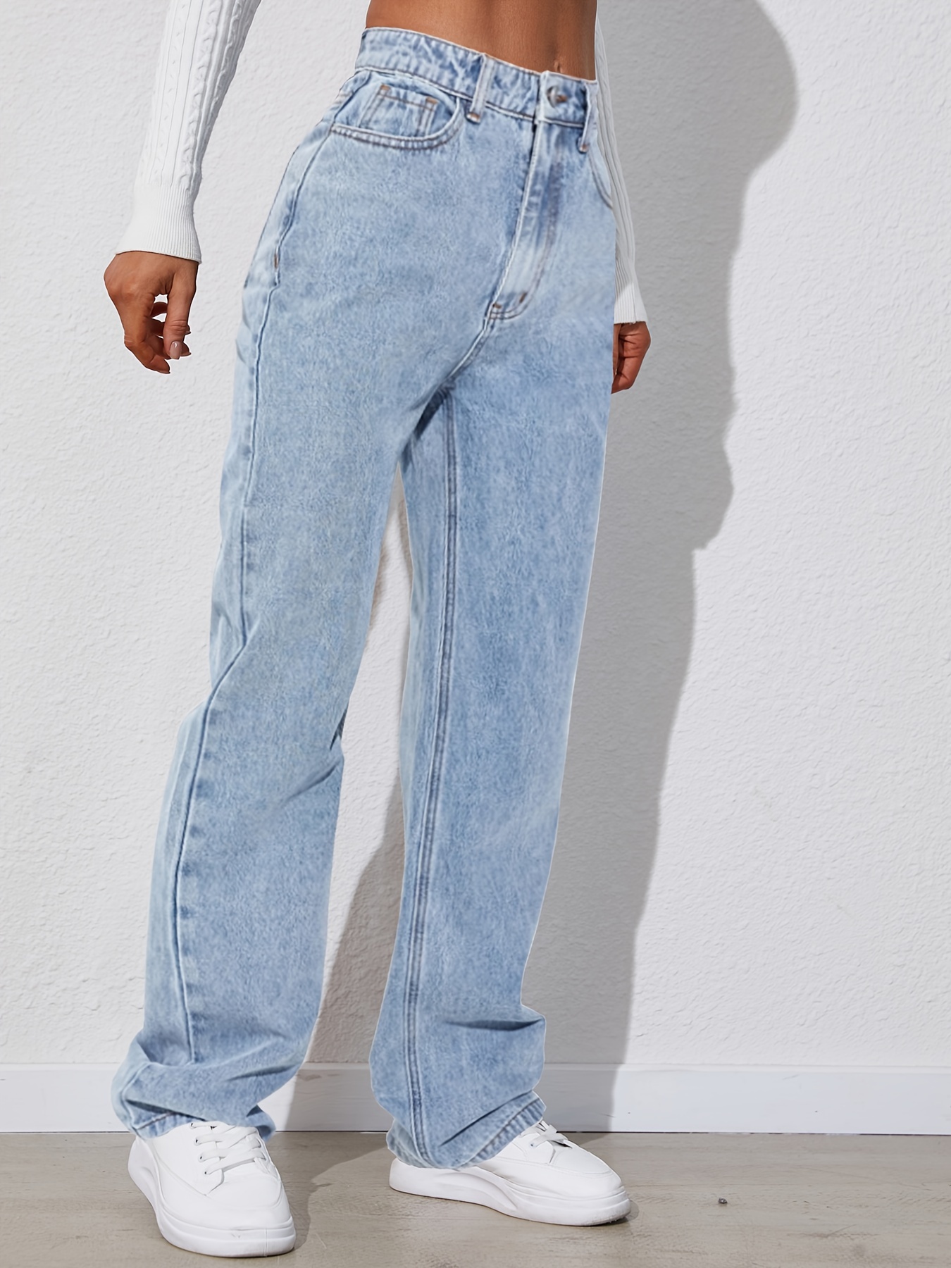 light blue versatile straight jeans loose fit slash pockets baggy denim pants womens denim jeans clothing details 3