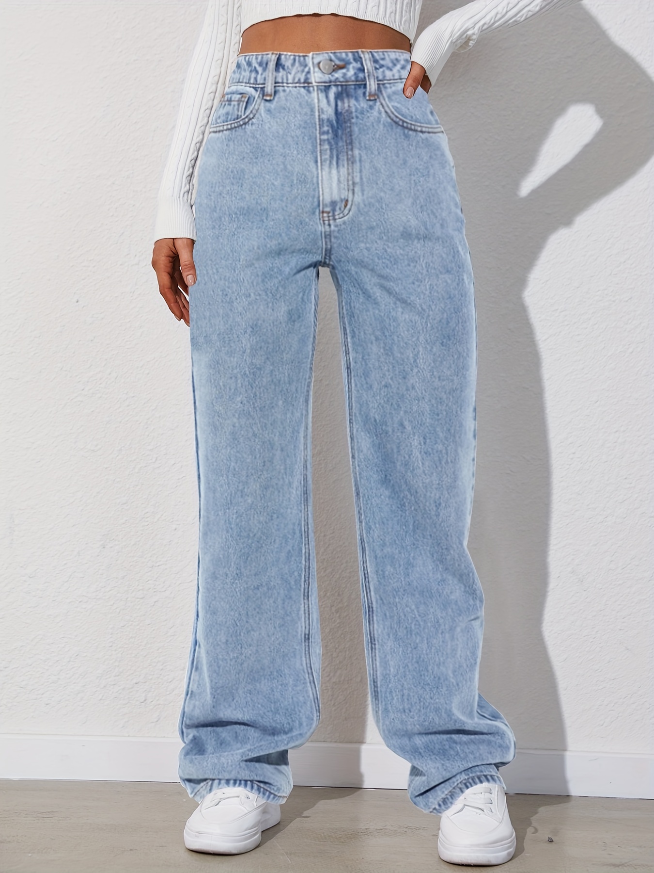 light blue versatile straight jeans loose fit slash pockets baggy denim pants womens denim jeans clothing details 4