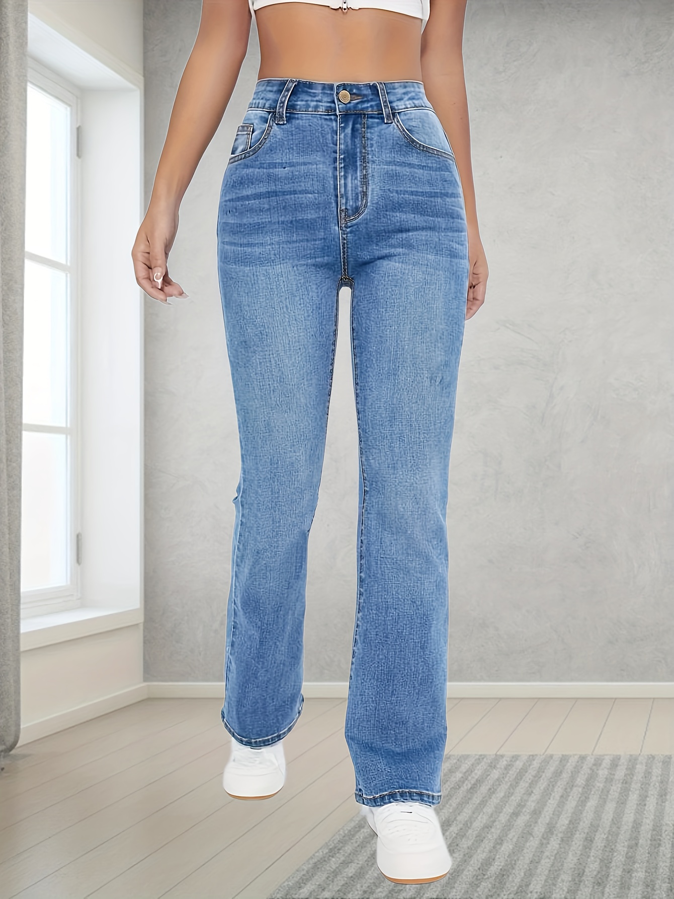 light blue casual bootcut jeans mid stretch slant pockets high waist denim pants womens denim jeans clothing details 0